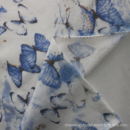 Gutes Design Schmetterlingsmuster T/C 65/35 Schussgestricke gedruckte Single-Jersey-Stoff für T-Shirt/Blusen/Kleid
